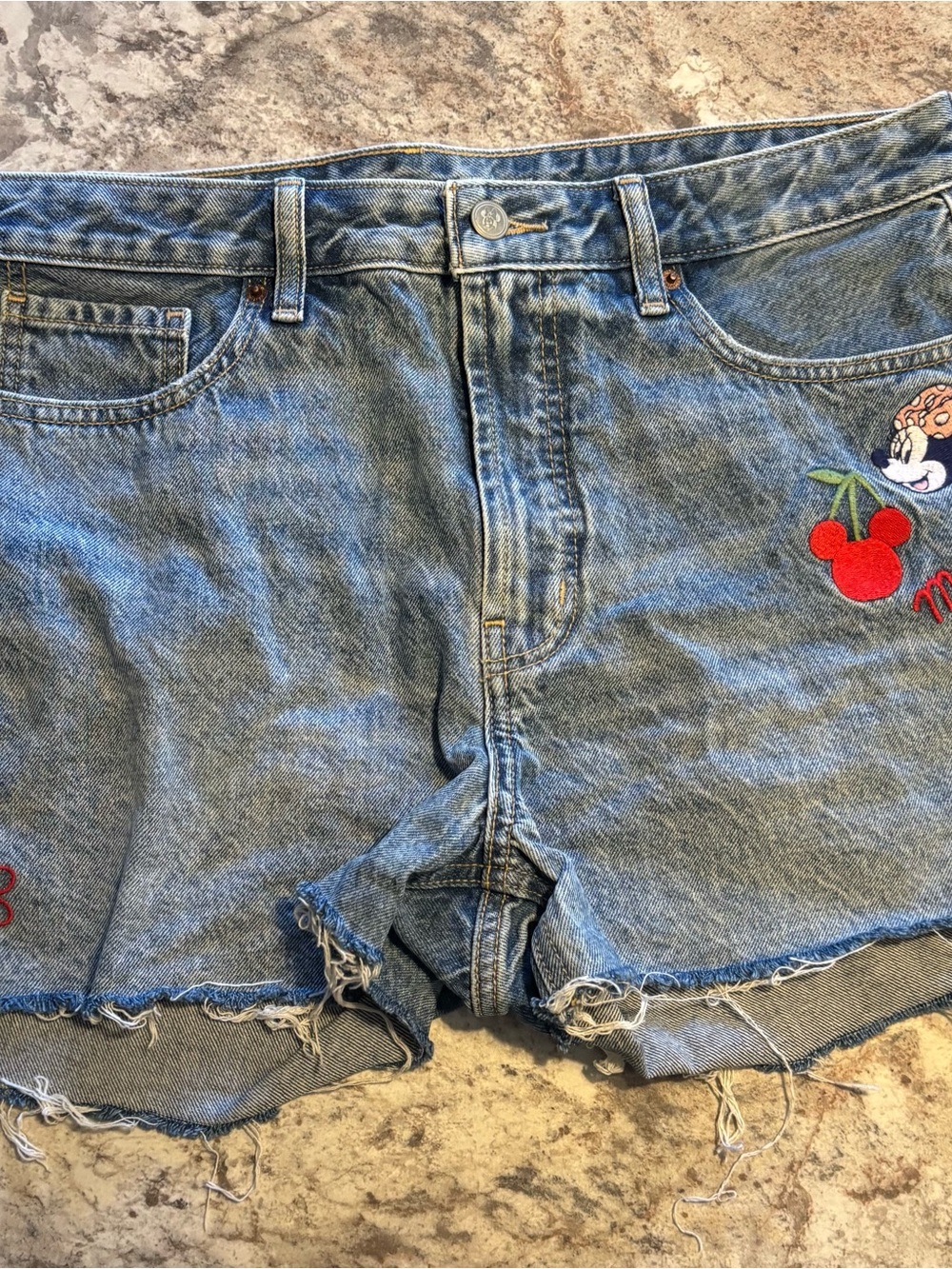Old Navy Blue Denim Women's Jean Shorts with Embroidered Minnie & Cherry